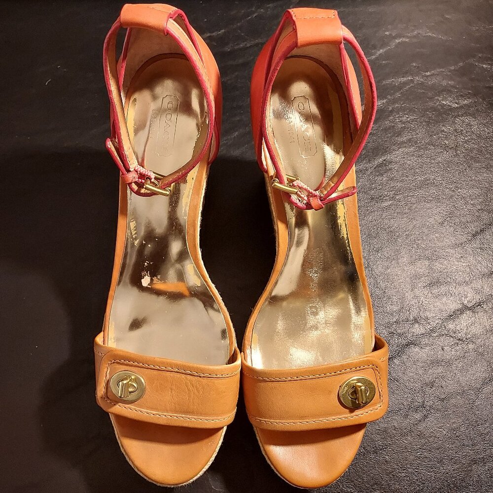 Coach Sandals Size 10 Glinda Espadrille Wedge Ankle Strap Platform Pump Heel Tan - Picture 2 of 13